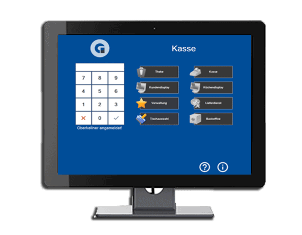 Benutzeroberfläche eines Kassensystems mit verschiedenen Optionen auf einem blauen Hintergrund.